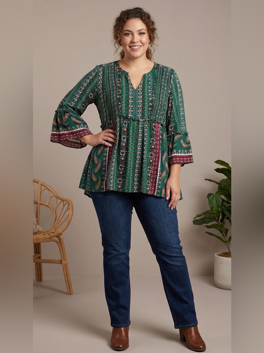Suzanne Betro Green Paisley Peasant Tunic with Burgundy Trim